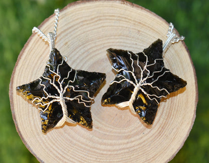 Black Obsidian Star Wire Wrapped Pendants, Silver Necklace with Chain  DestGlow