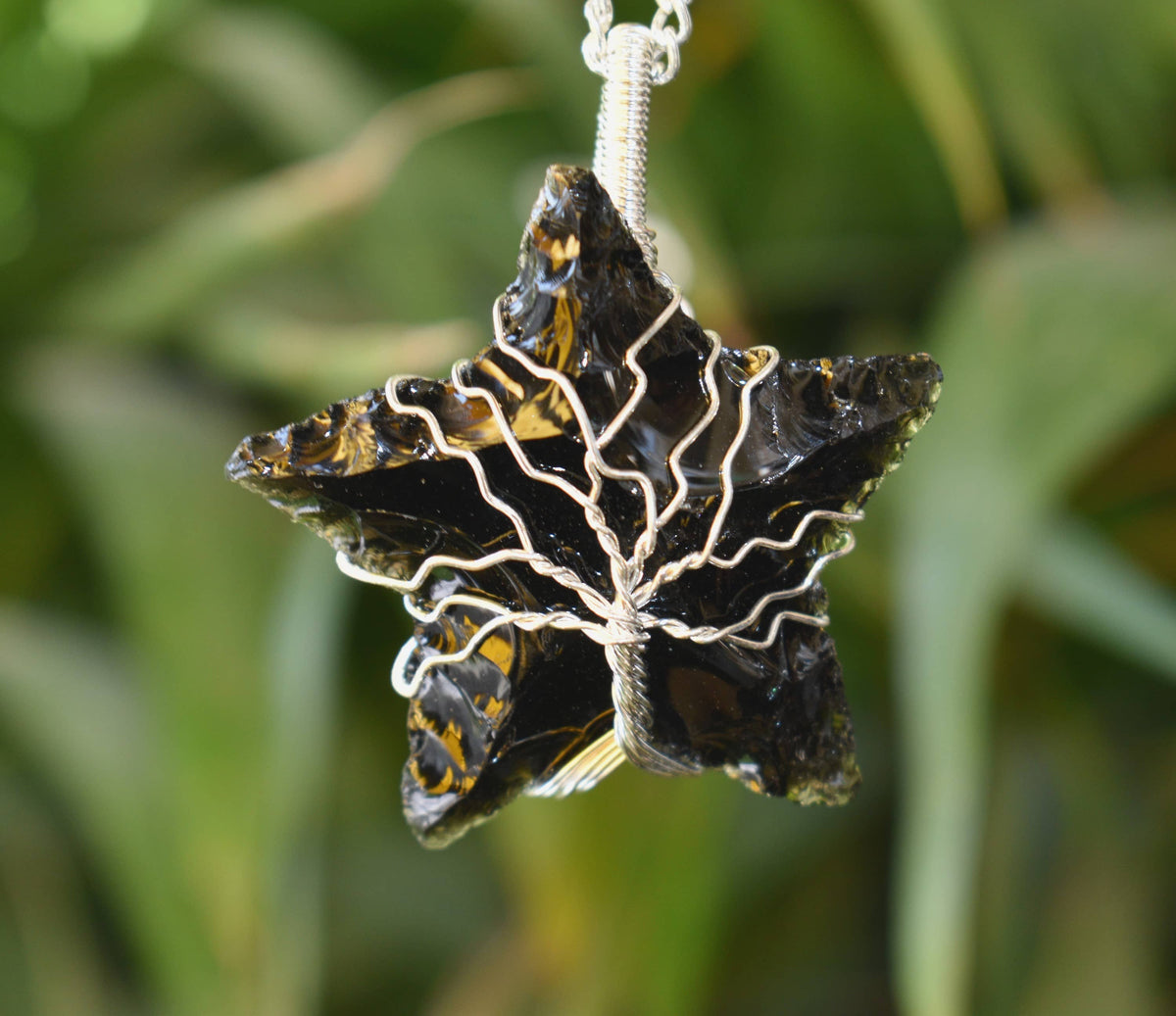 Black Obsidian Star Wire Wrapped Pendants, Silver Necklace with Chain  DestGlow
