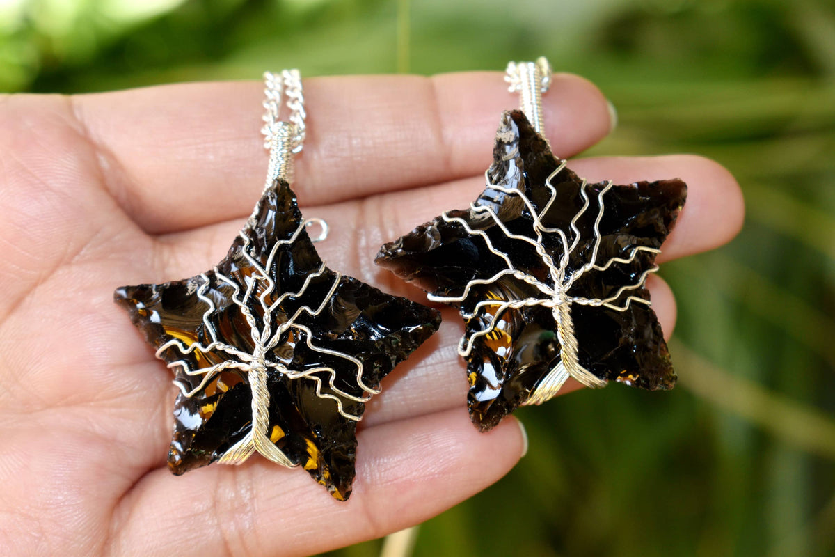 Black Obsidian Star Wire Wrapped Pendants, Silver Necklace with Chain  DestGlow