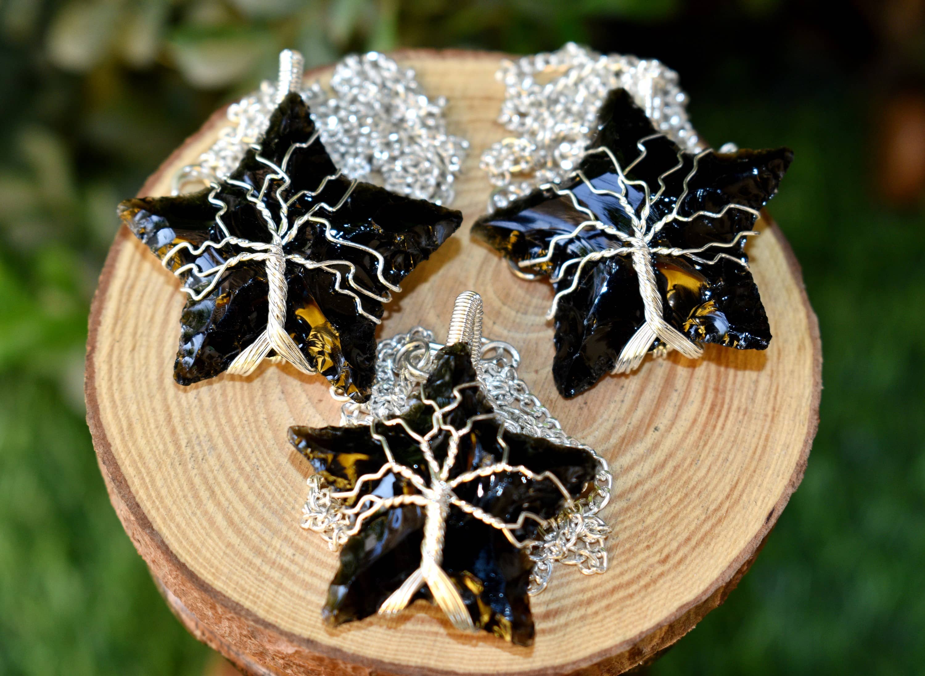 Black Obsidian Star Wire Wrapped Pendants, Silver Necklace with Chain  DestGlow