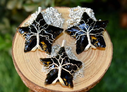 Black Obsidian Star Wire Wrapped Pendants, Silver Necklace with Chain  DestGlow