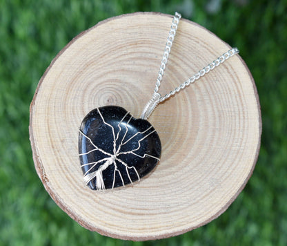 Black Obsidian Heart Silver Wire Wrapped Pendant, Heart Gemstone Pendant.  DestGlow