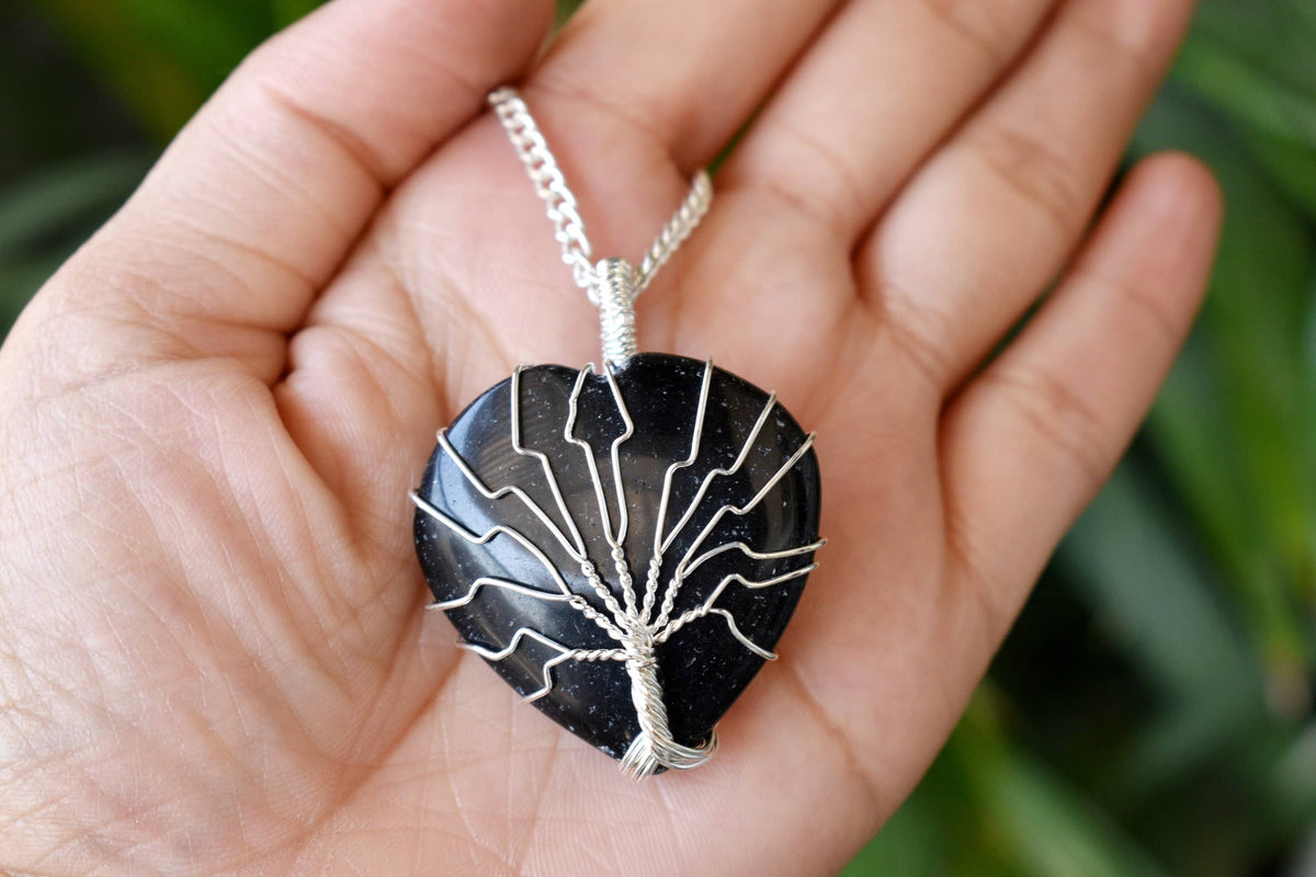 Black Obsidian Heart Silver Wire Wrapped Pendant, Heart Gemstone Pendant.  DestGlow