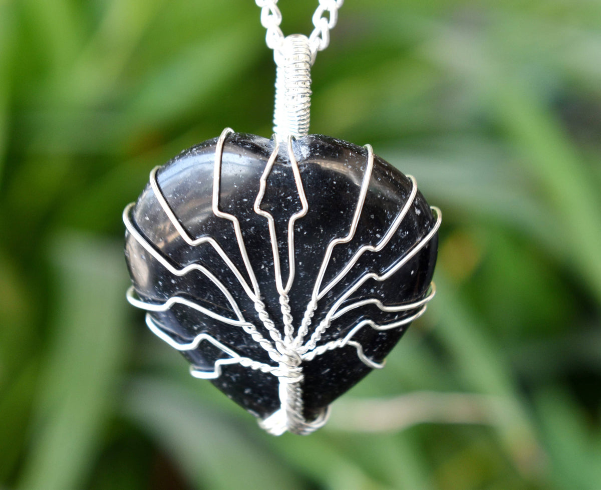 Black Obsidian Heart Silver Wire Wrapped Pendant, Heart Gemstone Pendant.  DestGlow