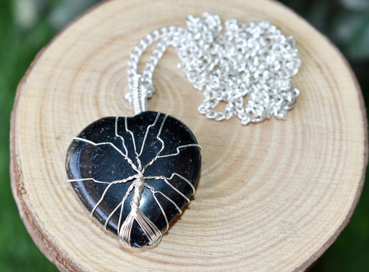 Black Obsidian Heart Silver Wire Wrapped Pendant, Heart Gemstone Pendant.  DestGlow