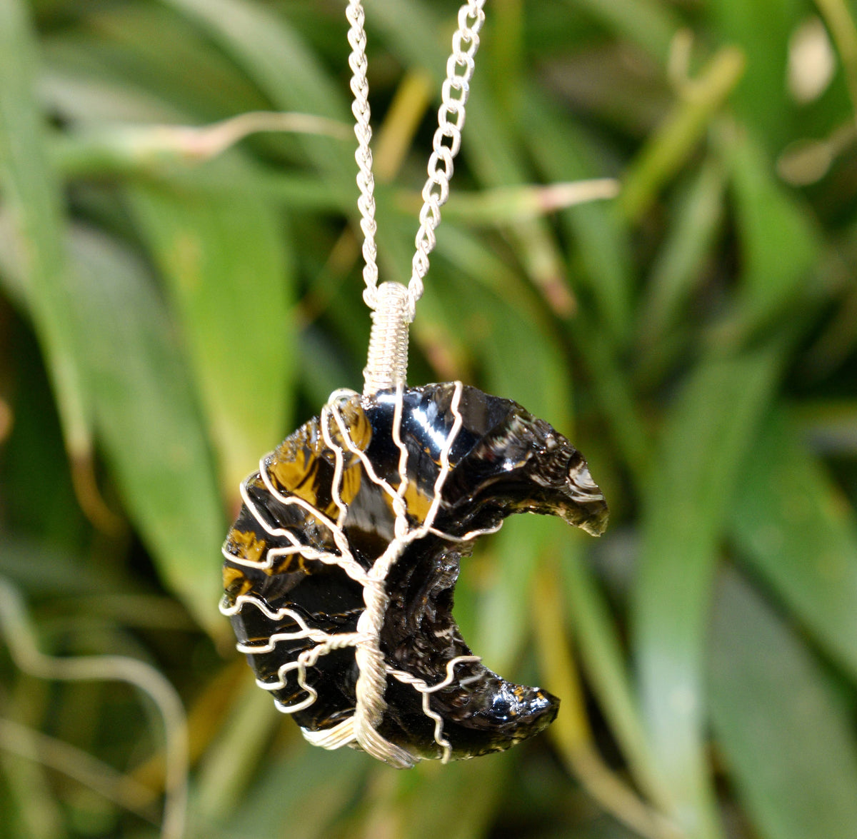 Black Obsidian Moon Silver Wire Wrapped Pendant, Crystal Moon Pendant  DestGlow