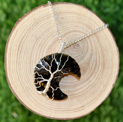Black Obsidian Moon Silver Wire Wrapped Pendant, Crystal Moon Pendant  DestGlow