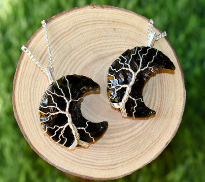Black Obsidian Moon Silver Wire Wrapped Pendant, Crystal Moon Pendant  DestGlow
