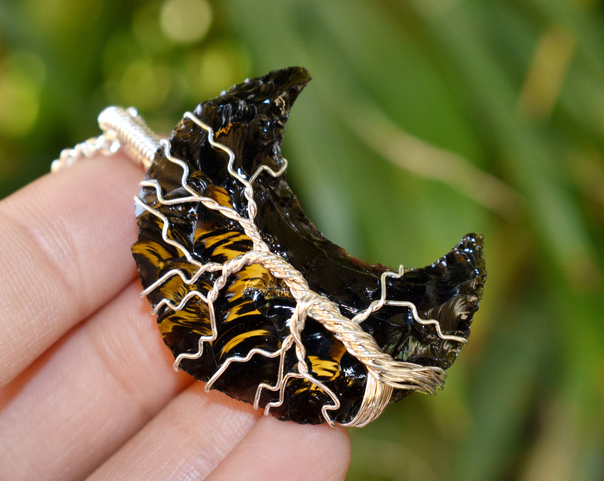 Black Obsidian Moon Silver Wire Wrapped Pendant, Crystal Moon Pendant  DestGlow
