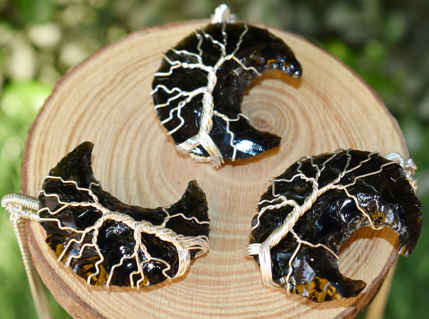 Black Obsidian Moon Silver Wire Wrapped Pendant, Crystal Moon Pendant  DestGlow