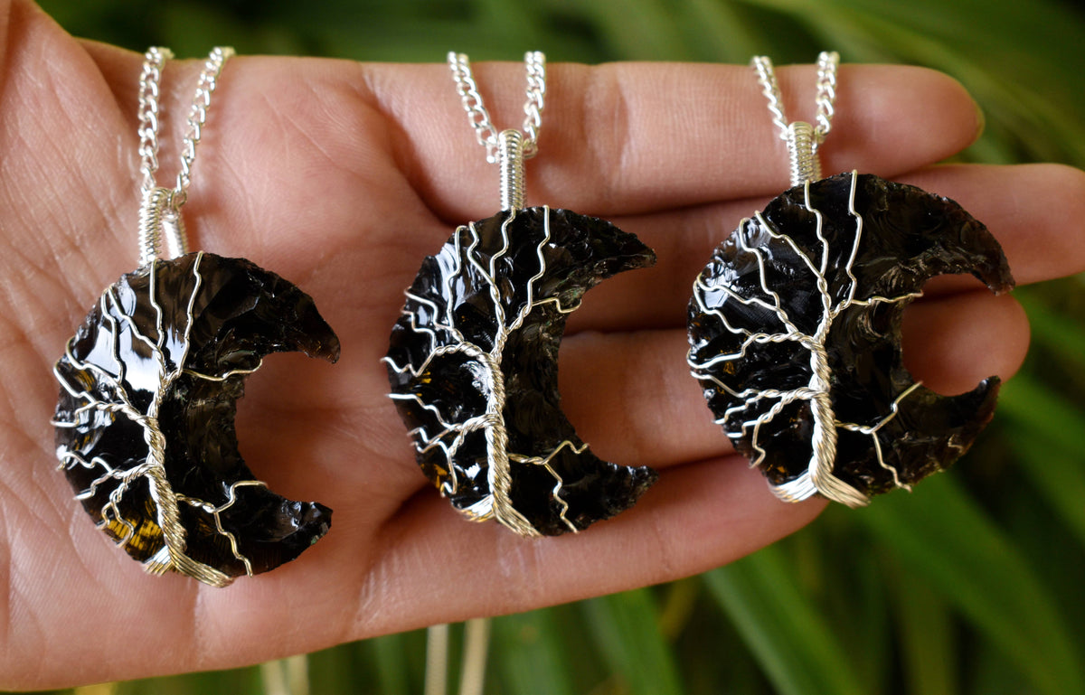 Black Obsidian Moon Silver Wire Wrapped Pendant, Crystal Moon Pendant  DestGlow
