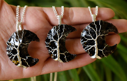 Black Obsidian Moon Silver Wire Wrapped Pendant, Crystal Moon Pendant  DestGlow