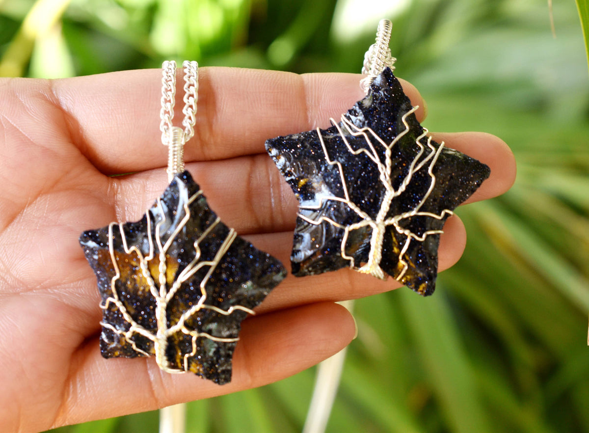 Blue Sandstone Star Wire Wrapped Pendants, Silver Necklace with Chain