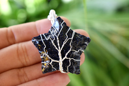 Blue Sandstone Star Wire Wrapped Pendants, Silver Necklace with Chain  DestGlow