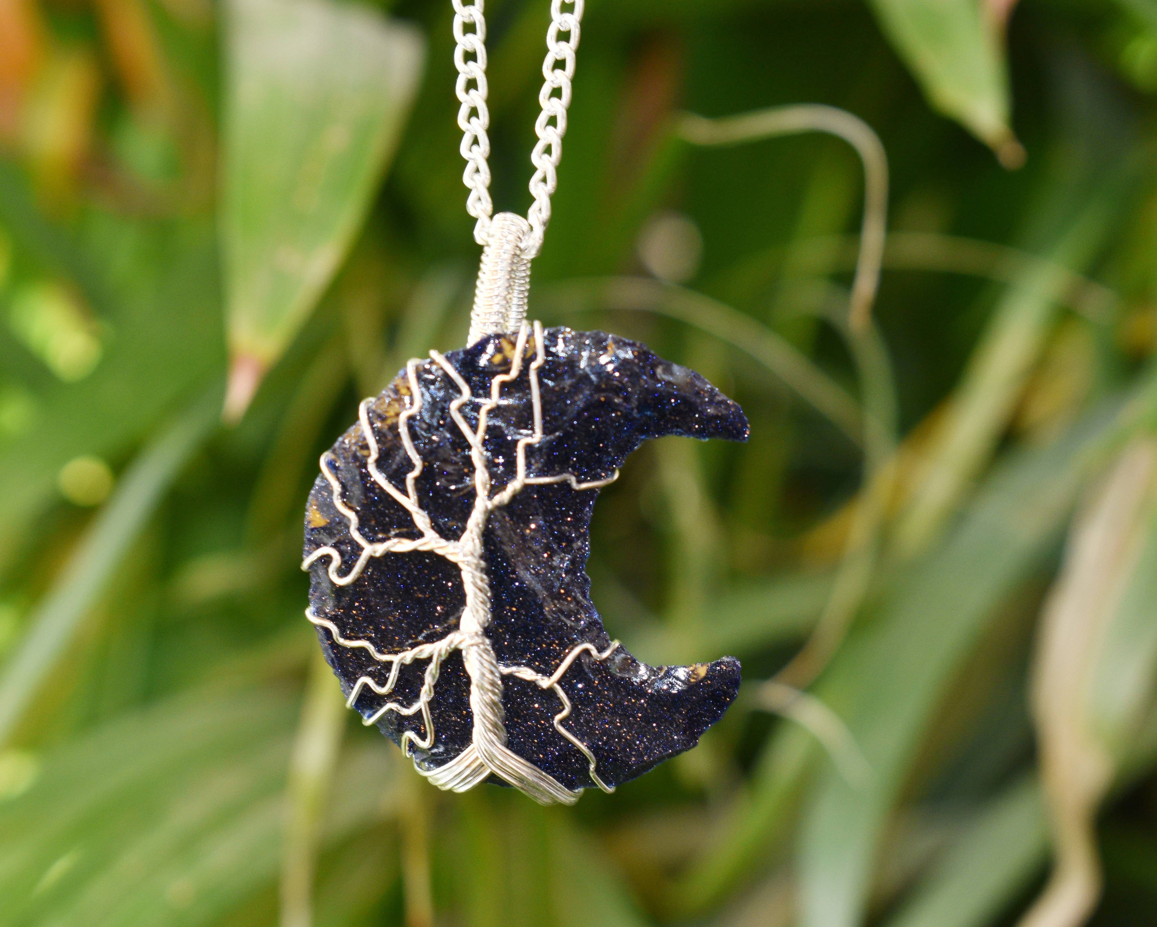 Blue Sandstone Moon Silver Wire Wrapped Pendant, Crystal Moon Pendant