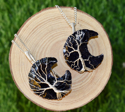 Blue Sandstone Moon Silver Wire Wrapped Pendant, Crystal Moon Pendant