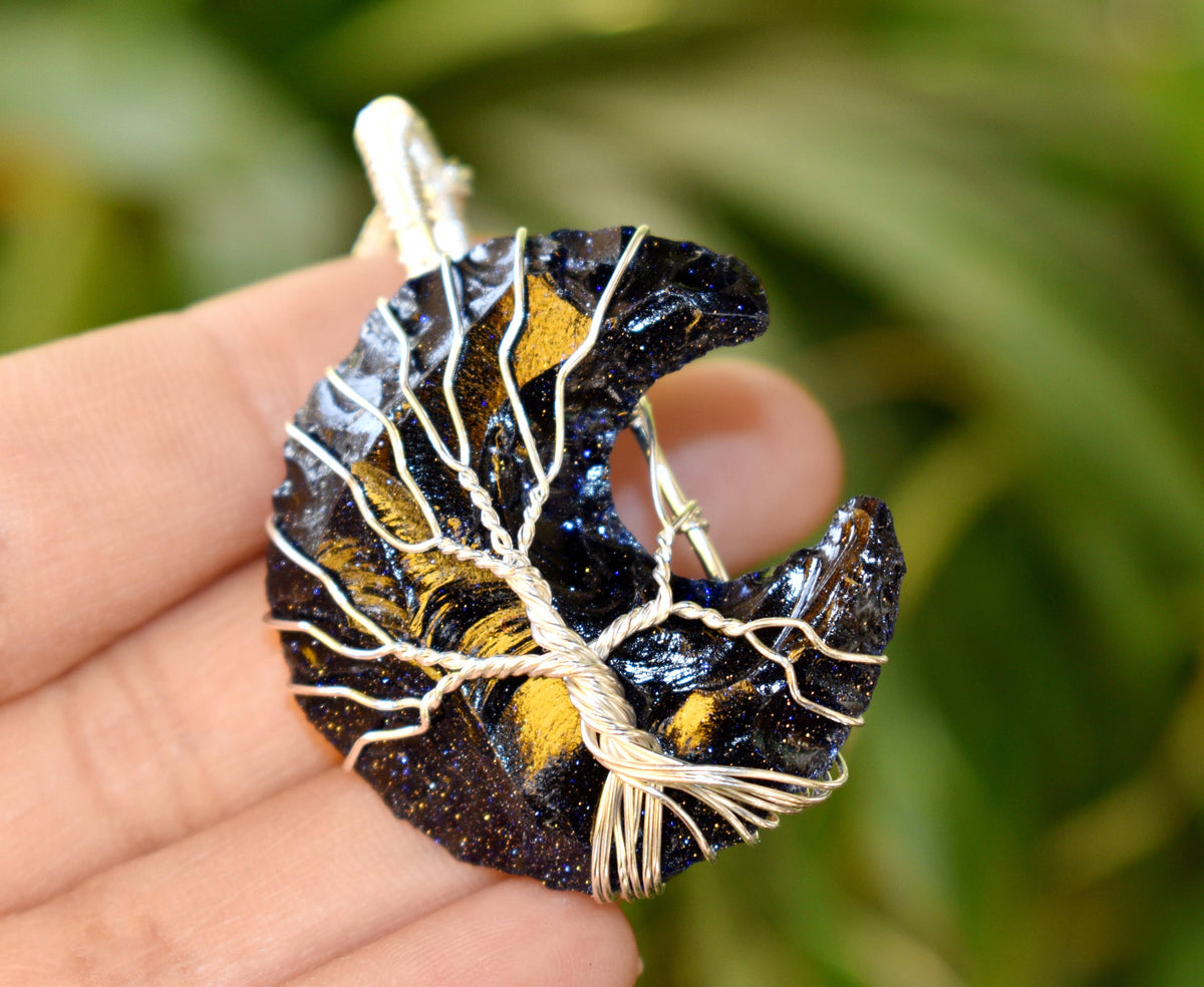 Blue Sandstone Moon Silver Wire Wrapped Pendant, Crystal Moon Pendant  DestGlow