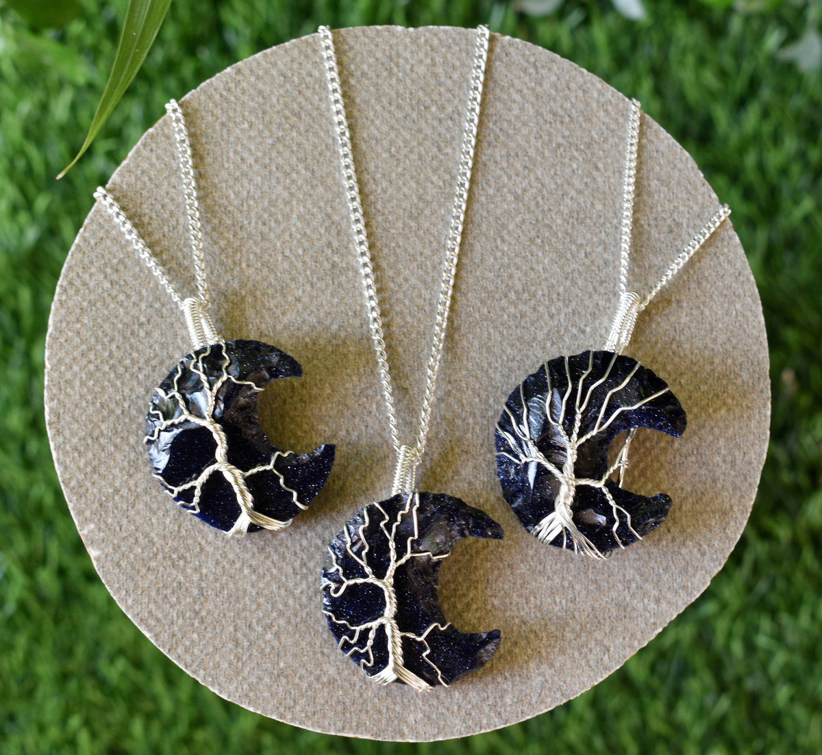 Blue Sandstone Moon Silver Wire Wrapped Pendant, Crystal Moon Pendant