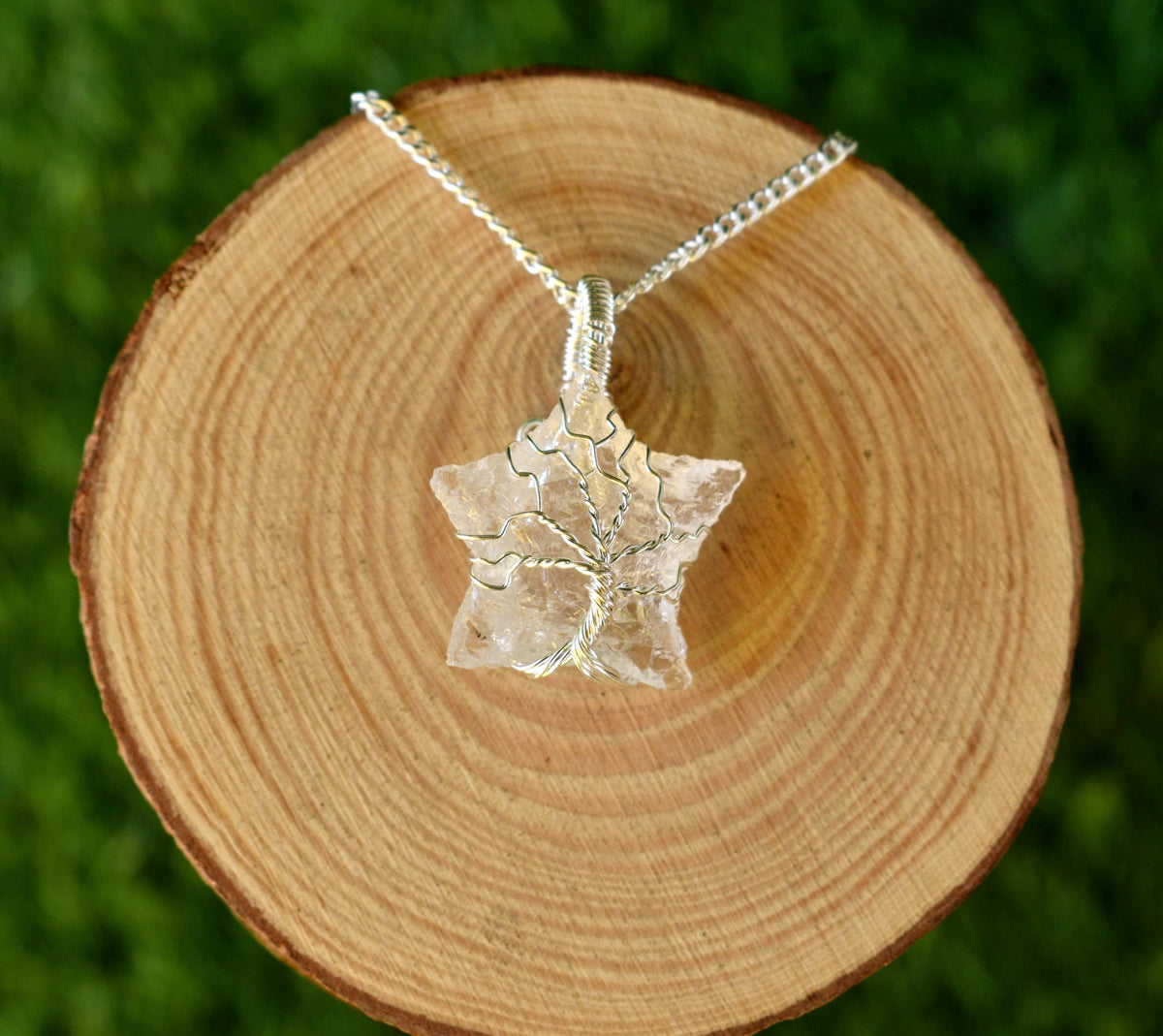 Crystal Quartz Star Wire Wrapped Pendants, Silver Necklace with Chain  DestGlow