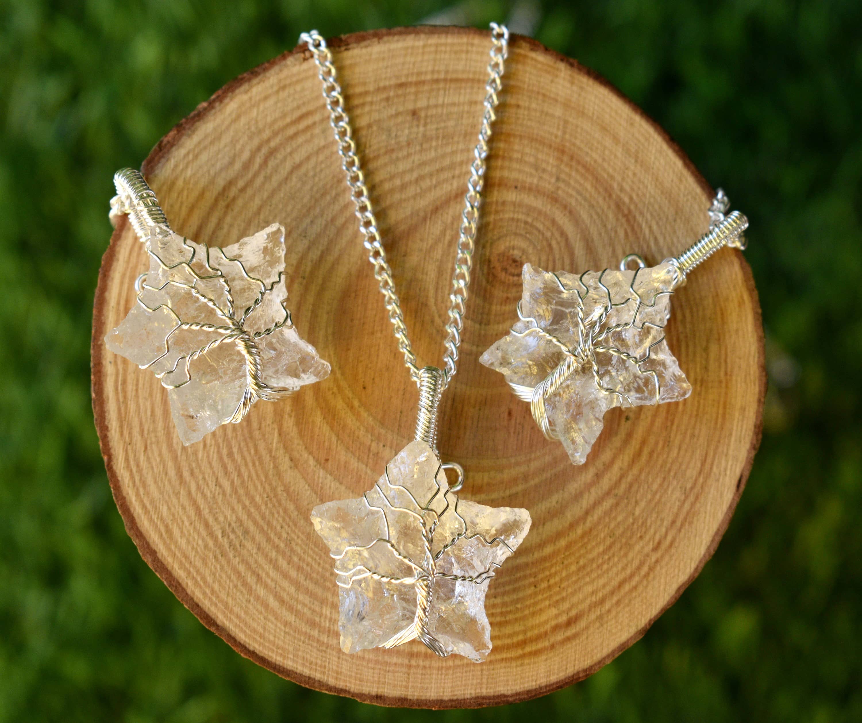 Crystal Quartz Star Wire Wrapped Pendants, Silver Necklace with Chain  DestGlow