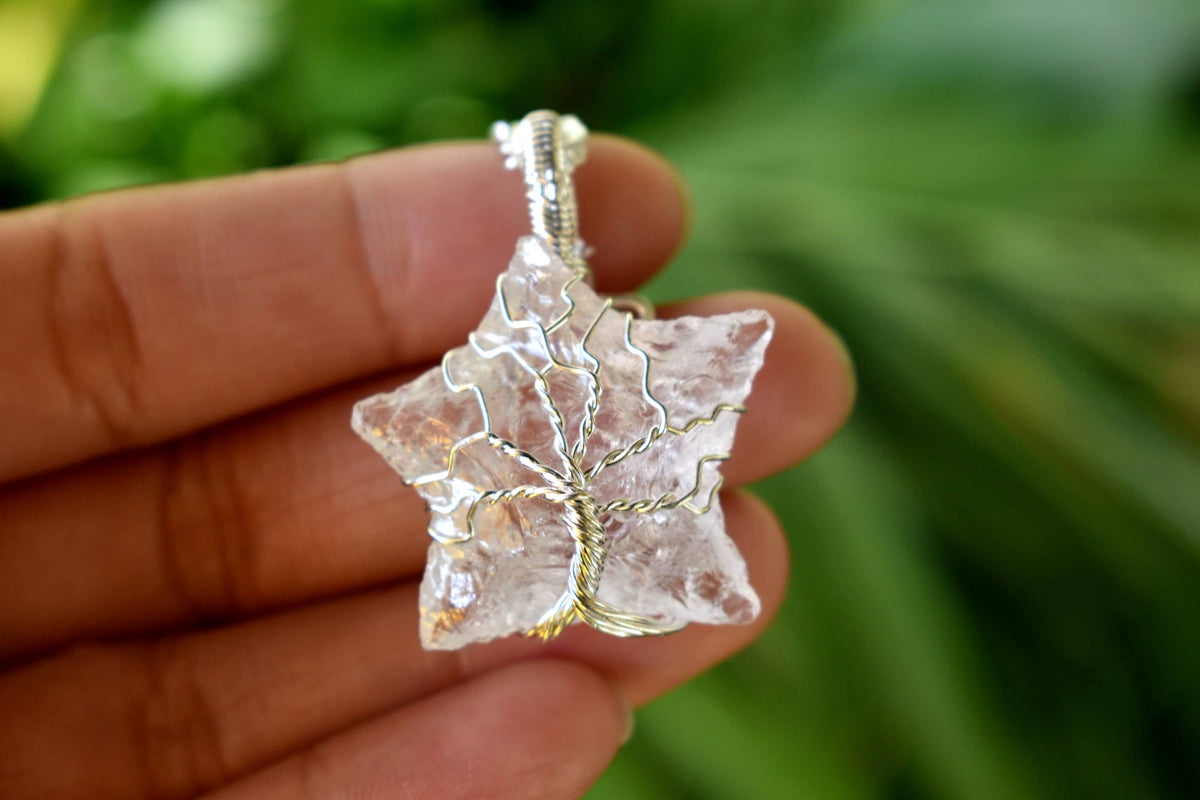 Crystal Quartz Star Wire Wrapped Pendants, Silver Necklace with Chain