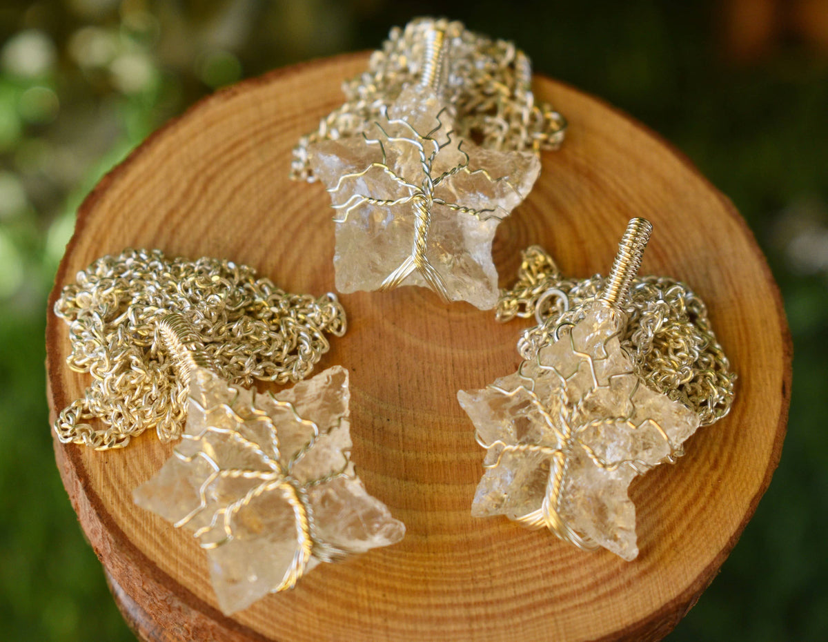 Crystal Quartz Star Wire Wrapped Pendants, Silver Necklace with Chain  DestGlow