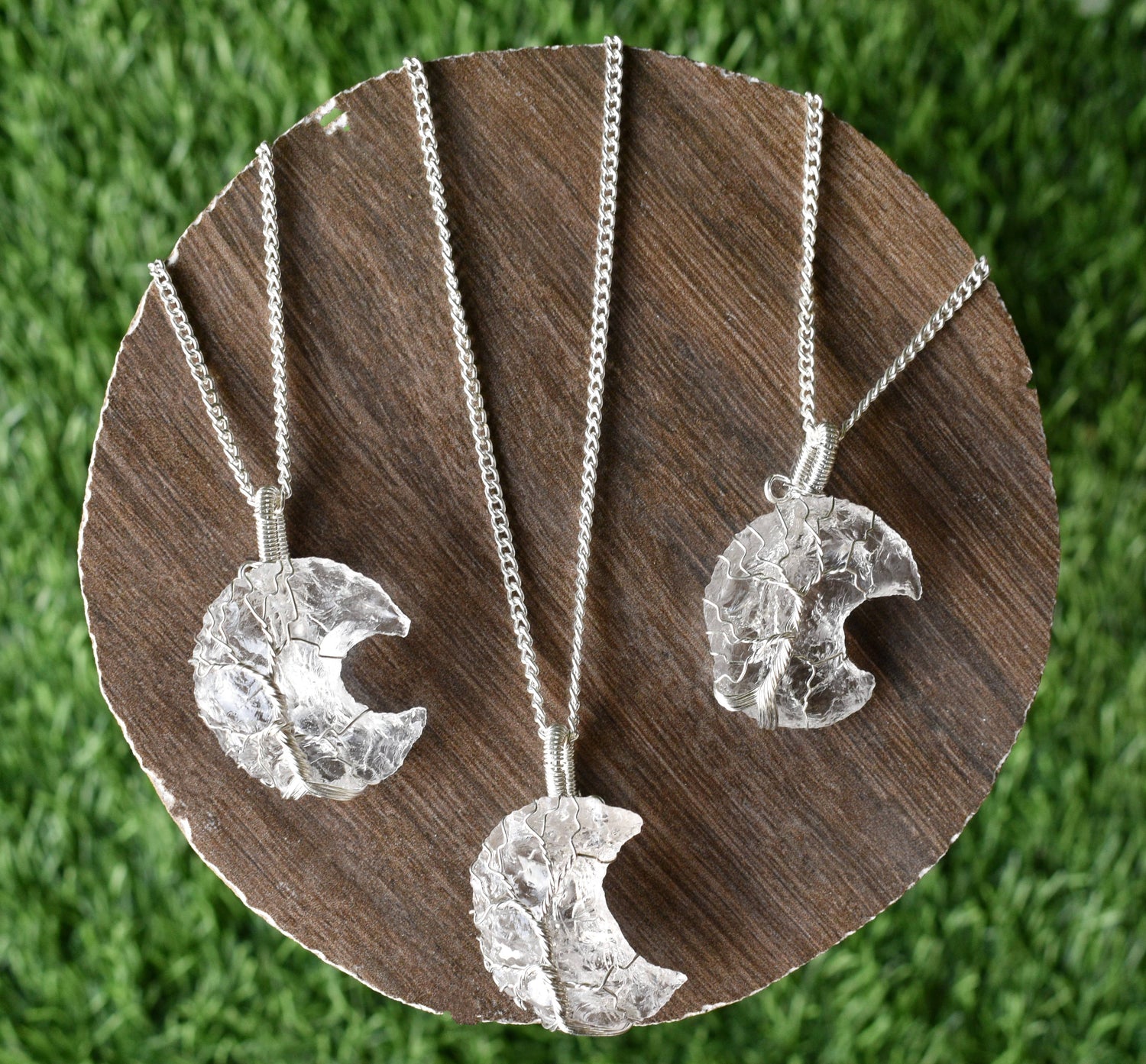 Crystal Quartz Moon Silver Wire Wrapped Pendant, Crystal Moon Pendant