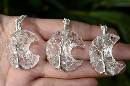 Crystal Quartz Moon Silver Wire Wrapped Pendant, Crystal Moon Pendant