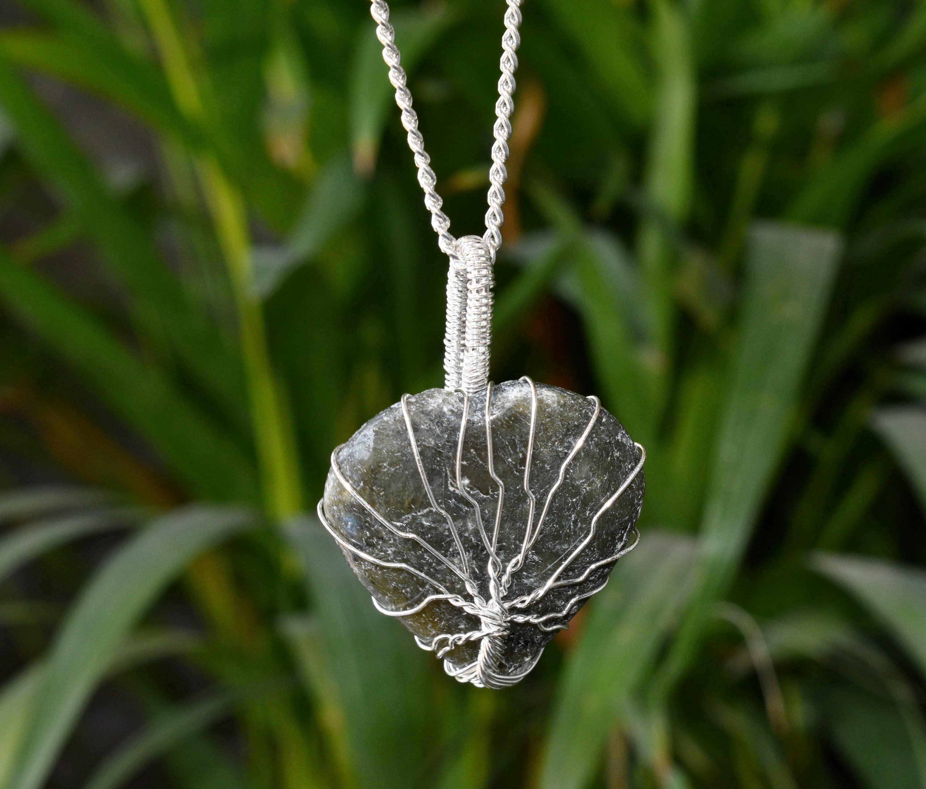 Labradorite Heart Silver Wire Wrapped Pendant, Crystal Heart Gemstone Pendant  DestGlow