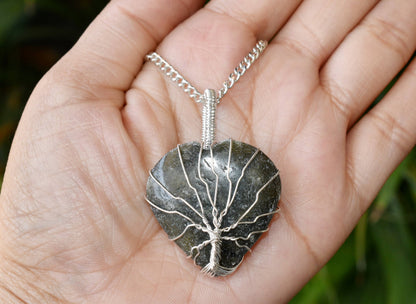 Labradorite Heart Silver Wire Wrapped Pendant, Crystal Heart Gemstone Pendant  DestGlow