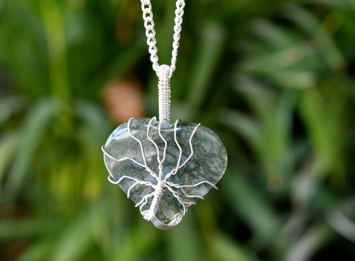 Moss Agate Heart Silver Wire Wrapped Pendant, Crystal Heart Gemstone Pendant.  DestGlow