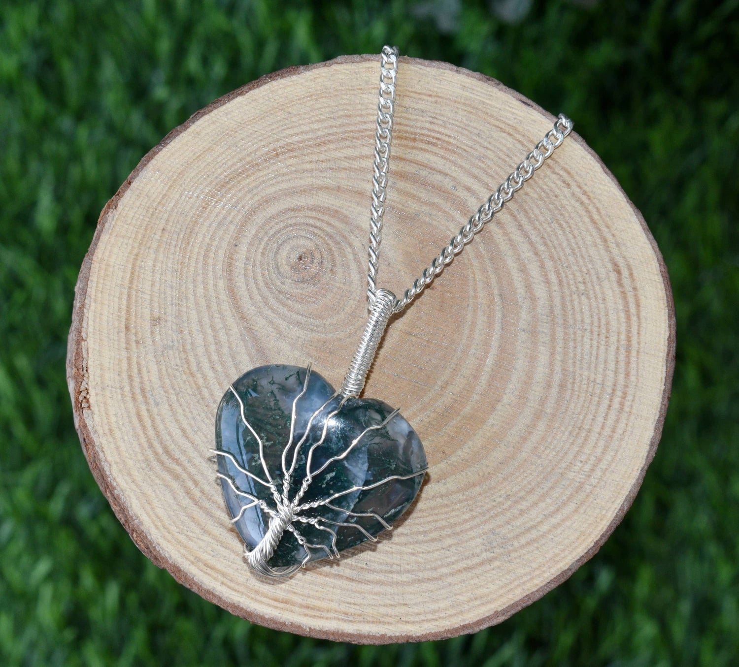 Moss Agate Heart Silver Wire Wrapped Pendant, Crystal Heart Gemstone Pendant.  DestGlow