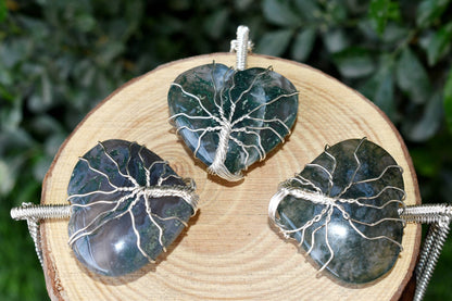 Moss Agate Heart Silver Wire Wrapped Pendant, Crystal Heart Gemstone Pendant.  DestGlow