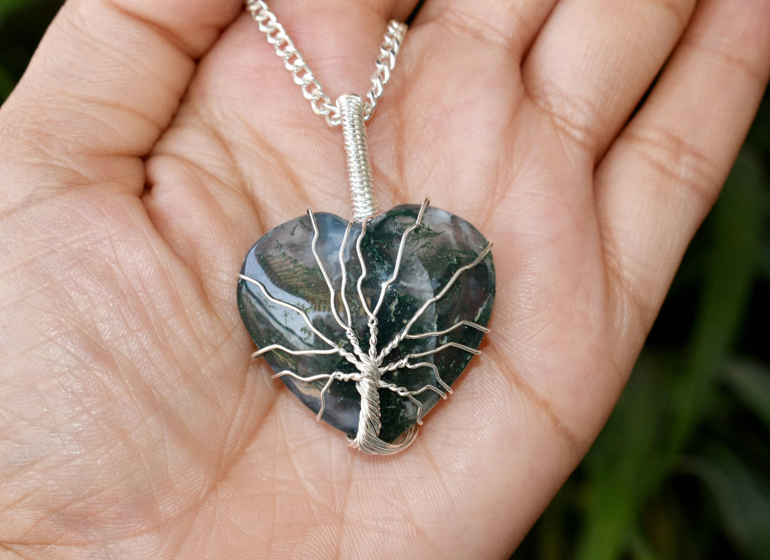 Moss Agate Heart Silver Wire Wrapped Pendant, Crystal Heart Gemstone Pendant.