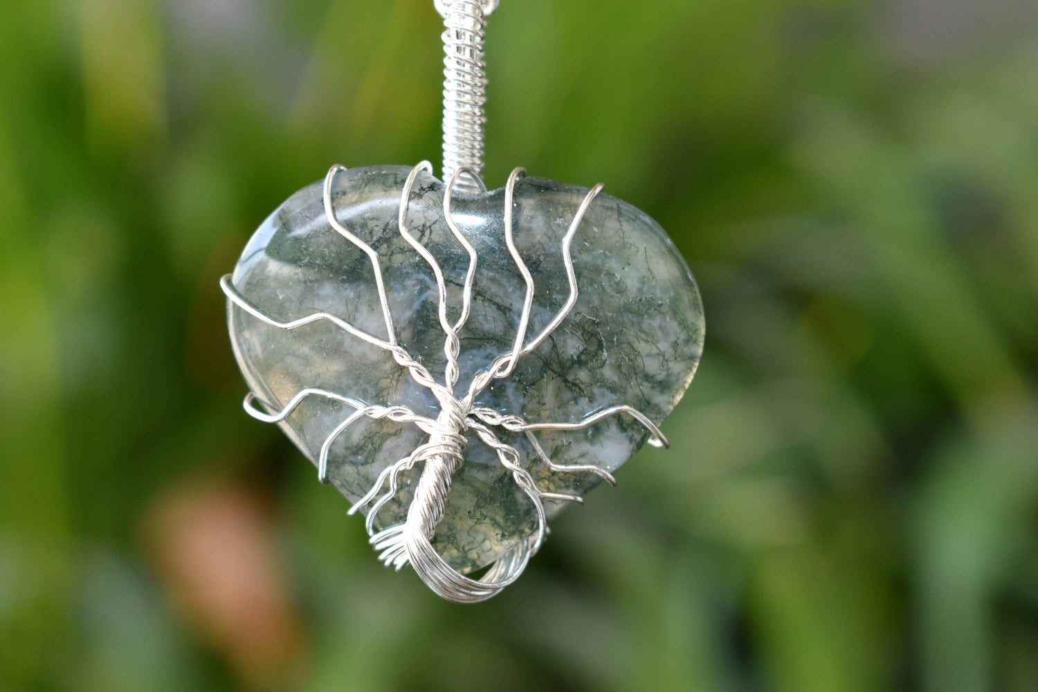 Moss Agate Heart Silver Wire Wrapped Pendant, Crystal Heart Gemstone Pendant.  DestGlow