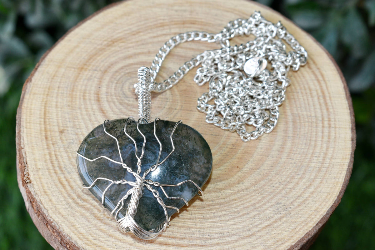 Moss Agate Heart Silver Wire Wrapped Pendant, Crystal Heart Gemstone Pendant.  DestGlow