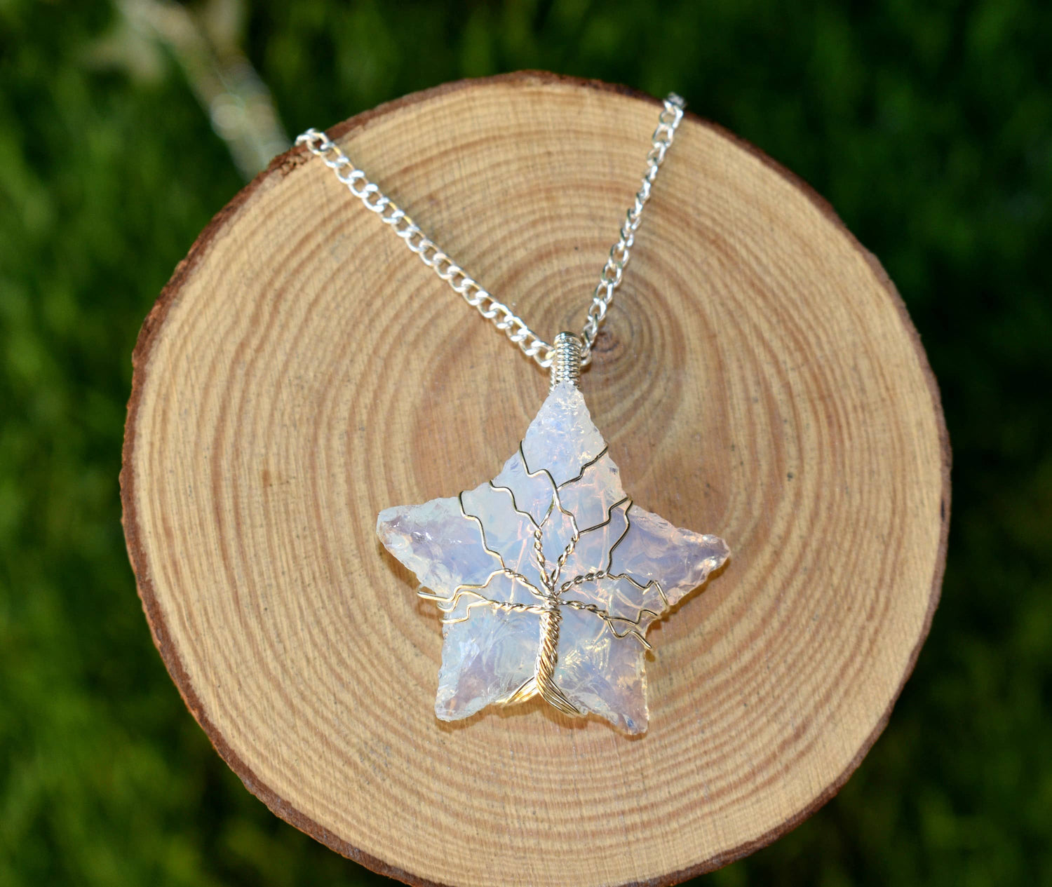 Opal Star Wire Wrapped Pendants, Silver Necklace with Chain  DestGlow
