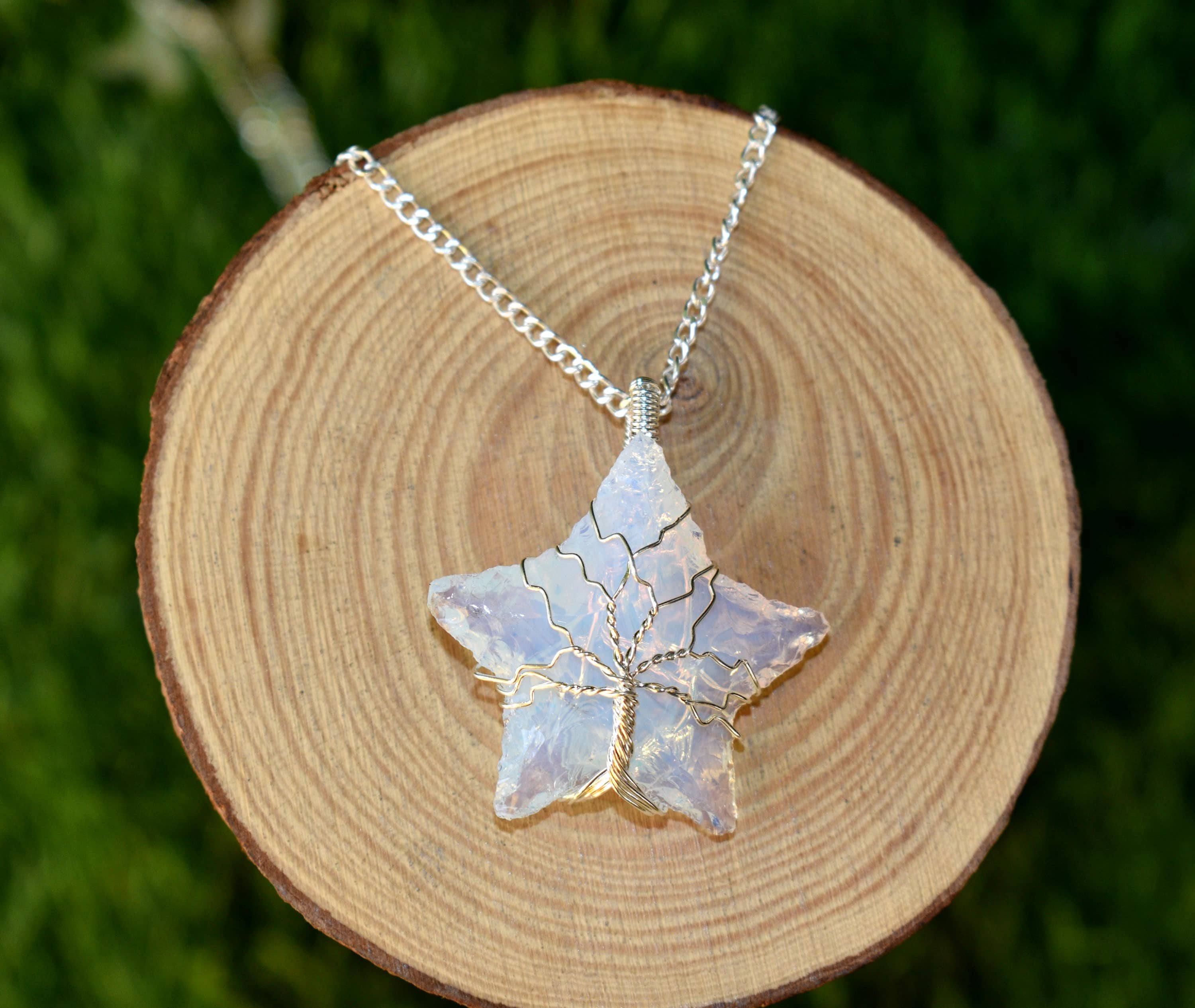 Opal Star Wire Wrapped Pendants, Silver Necklace with Chain  DestGlow