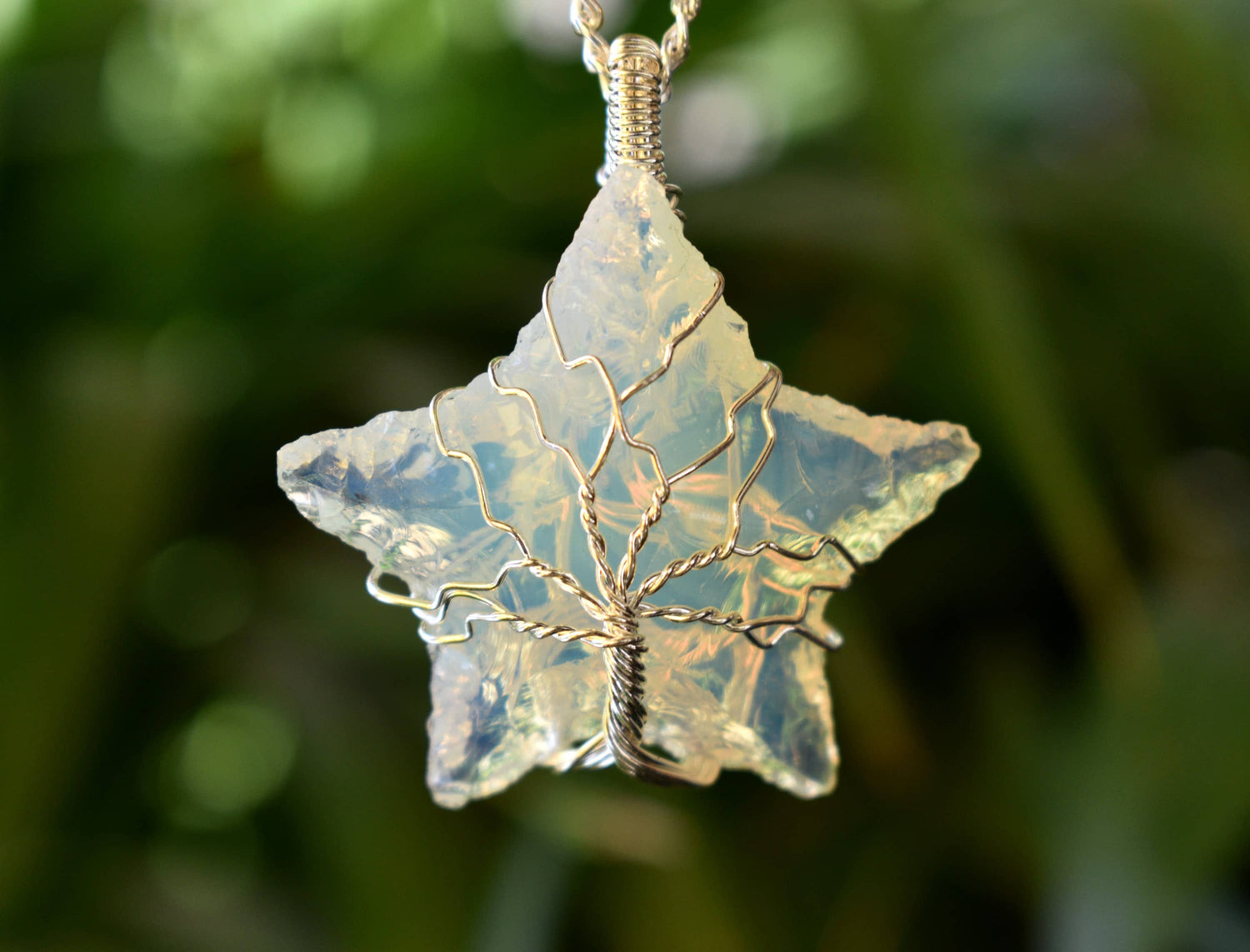 Opal Star Wire Wrapped Pendants, Silver Necklace with Chain  DestGlow