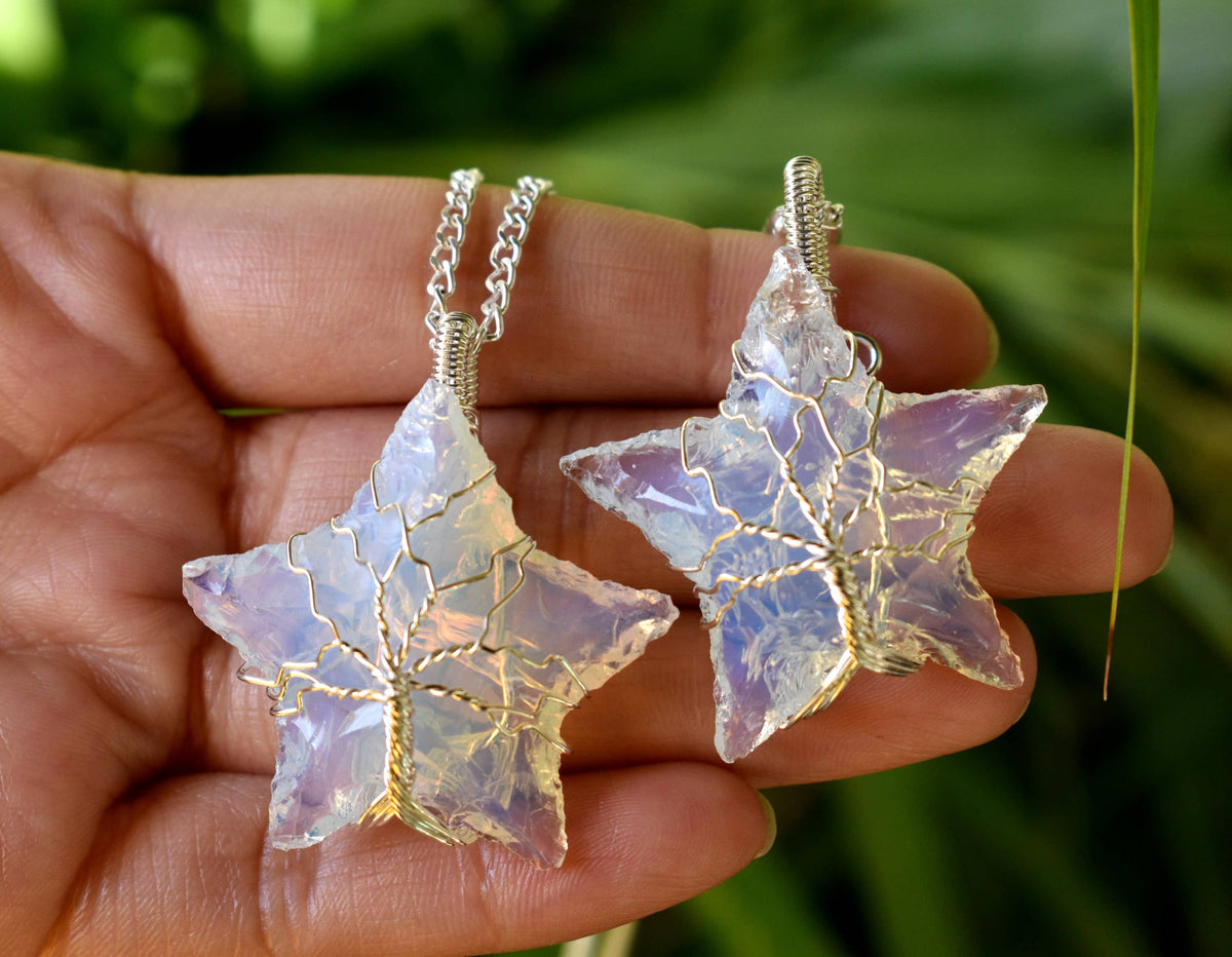 Opal Star Wire Wrapped Pendants, Silver Necklace with Chain