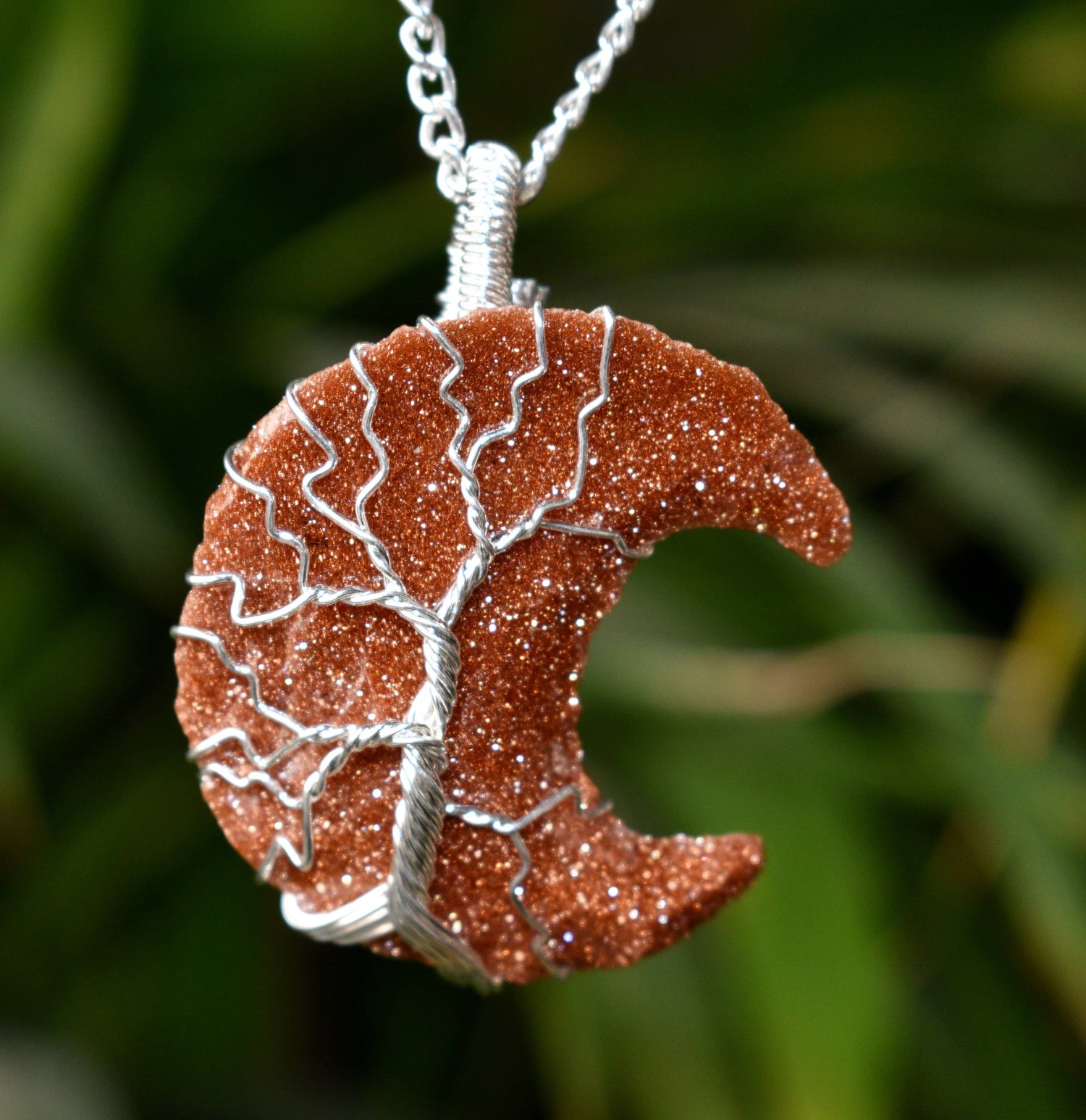Red Sandstone Moon Silver Wire Wrapped Pendant, Crystal Moon Pendant