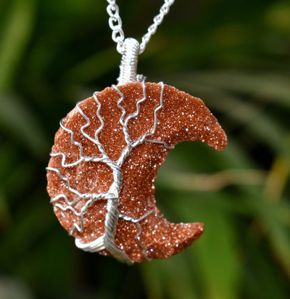 Red Sandstone Moon Silver Wire Wrapped Pendant, Crystal Moon Pendant