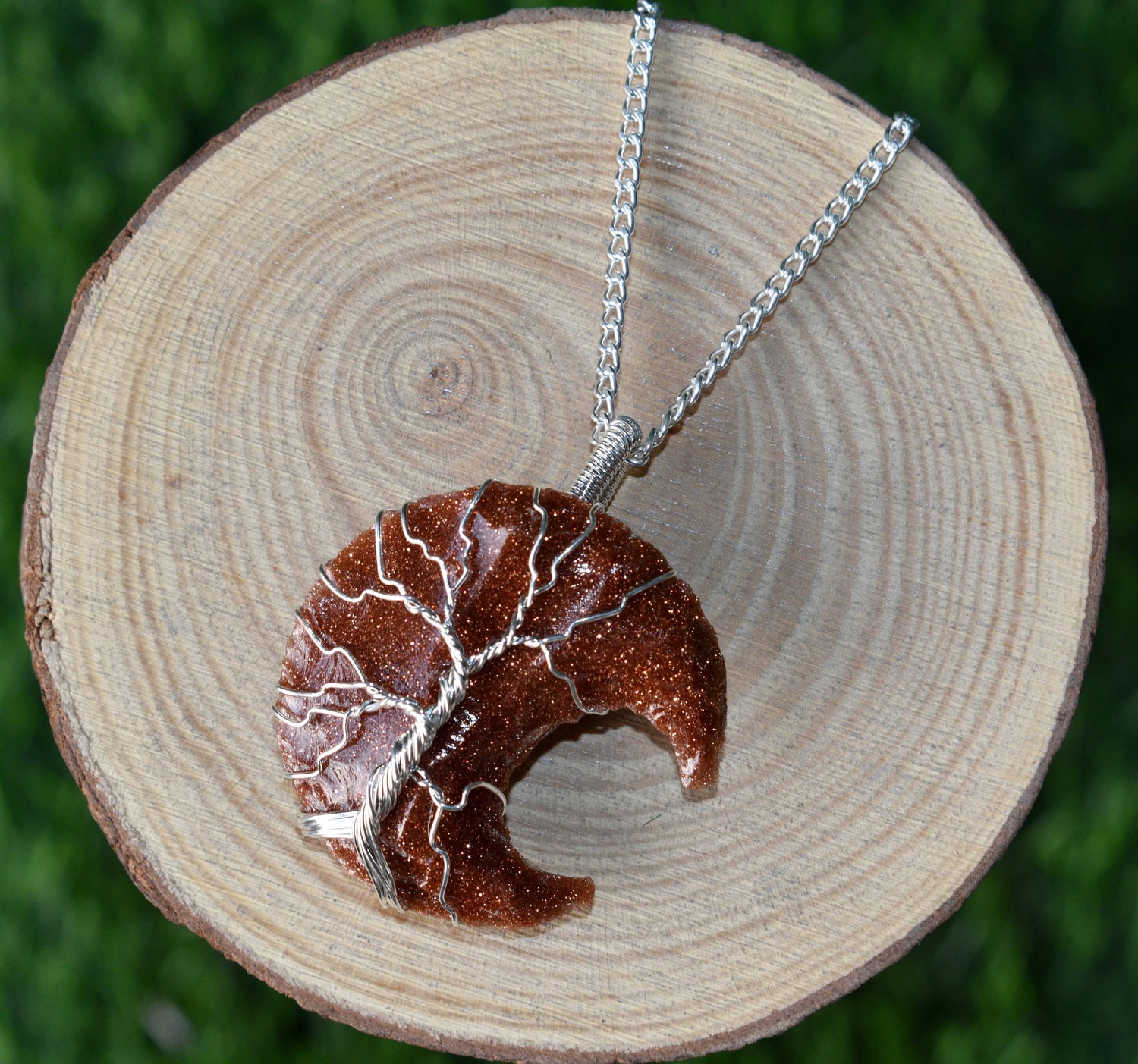 Red Sandstone Moon Silver Wire Wrapped Pendant, Crystal Moon Pendant