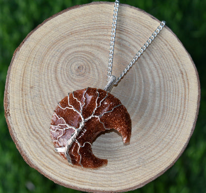 Red Sandstone Moon Silver Wire Wrapped Pendant, Crystal Moon Pendant