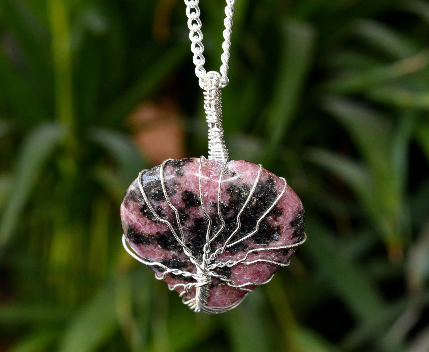 Rhodonite Heart Silver Wire Wrapped Pendant, Crystal Heart Gemstone Pendant  DestGlow