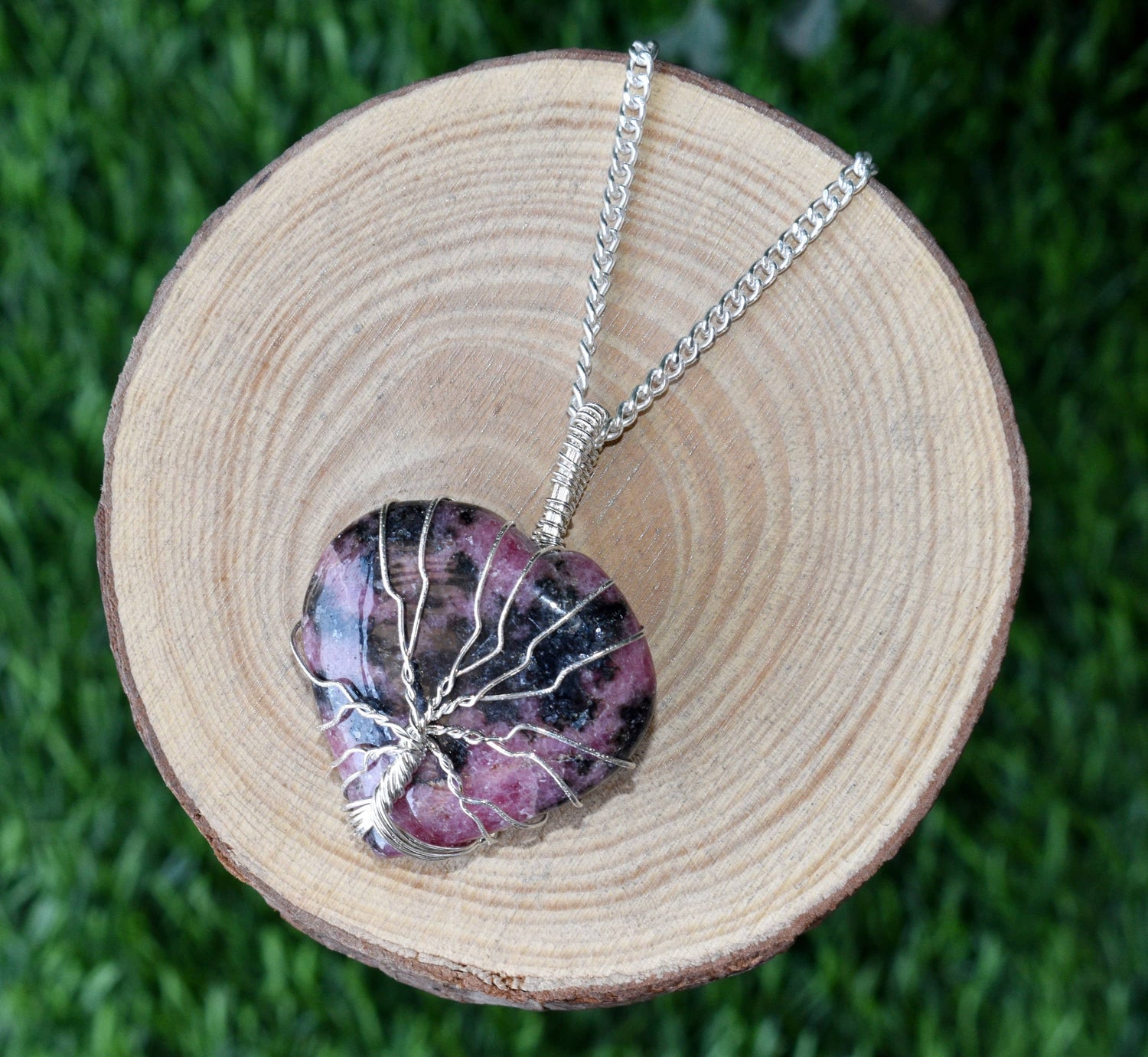 Rhodonite Heart Silver Wire Wrapped Pendant, Crystal Heart Gemstone Pendant  DestGlow