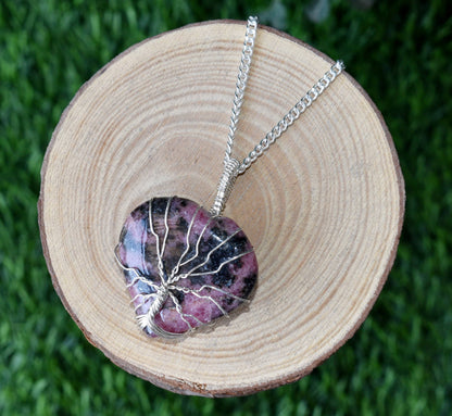 Rhodonite Heart Silver Wire Wrapped Pendant, Crystal Heart Gemstone Pendant  DestGlow