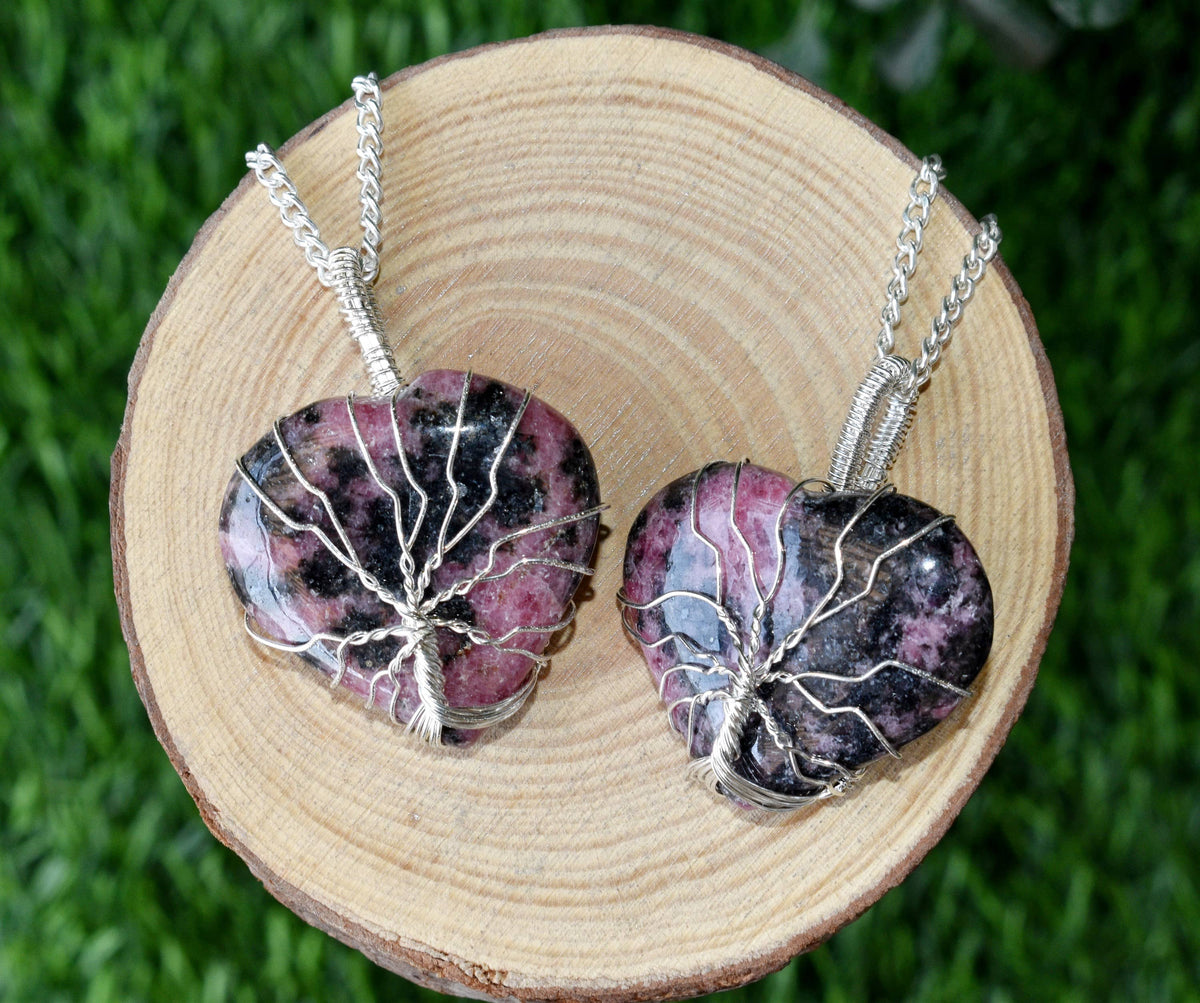 Rhodonite Heart Silver Wire Wrapped Pendant, Crystal Heart Gemstone Pendant  DestGlow