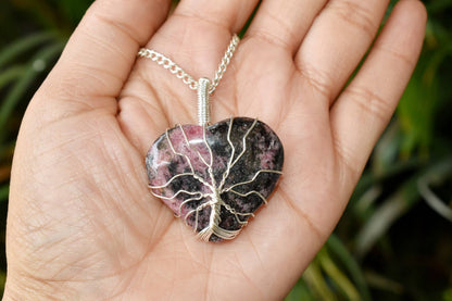 Rhodonite Heart Silver Wire Wrapped Pendant, Crystal Heart Gemstone Pendant  DestGlow
