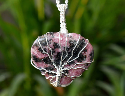 Rhodonite Heart Silver Wire Wrapped Pendant, Crystal Heart Gemstone Pendant  DestGlow